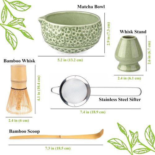 Marce Matcha Whisk Set- Matcha Set includes Matcha Whisk and Bowl, Sifter, Holder and Scoop- The Perfect Bamboo Whisk for Matcha Tea (Molted Green)