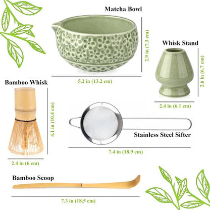 Marce Matcha Whisk Set- Matcha Set includes Matcha Whisk and Bowl, Sifter, Holder and Scoop- The Perfect Bamboo Whisk for Matcha Tea (Molted Green)