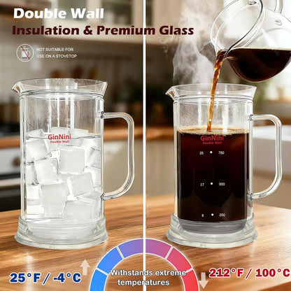 Skiennix French Press Coffee Maker - 34-Ounce Double Wall Glass with Stainless Steel Filter & Bamboo Lid