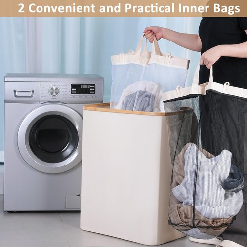 iEGrow 150L Laundry Basket with Lid, Large Laundry Hamper with Bamboo Handle, Collapsible Dirty Clothes Hamper Organizer with 2 Removable Inner Bags for Clothes Toys Towels - Beige
