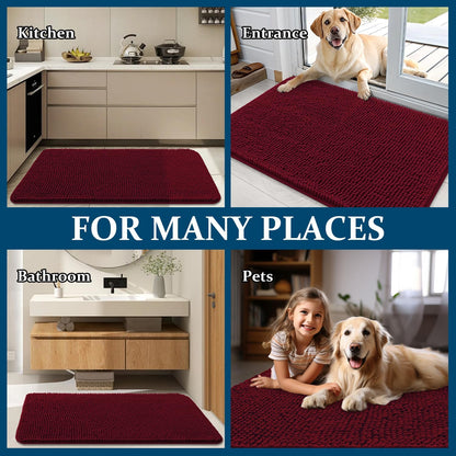 OLANLY Dog Door Mat - Absorbent Non-Slip Chenille for Muddy Paws | 47x32, Quick Dry, Burgundy