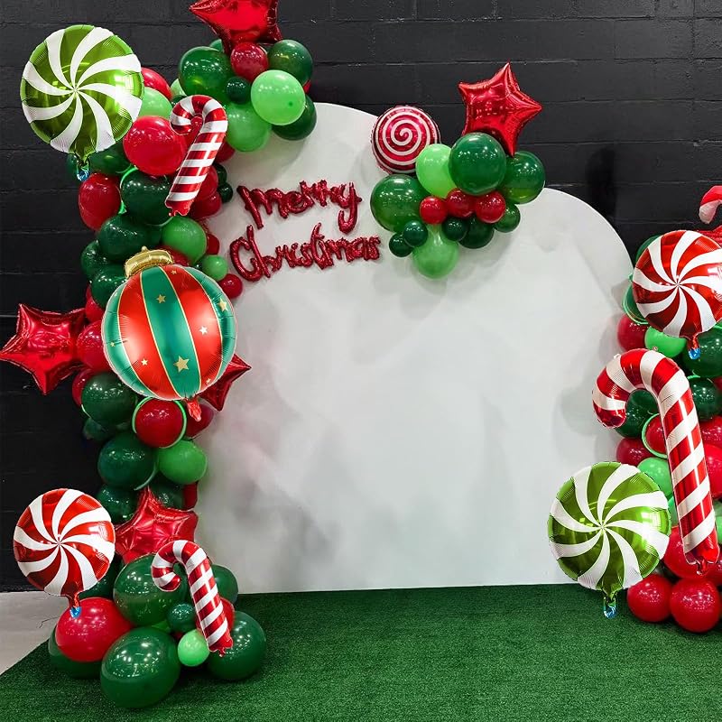 Christmas Balloon Arch Kit 117pc Candy Cane Red & Green Party Decoration, Includes Arch Accessories