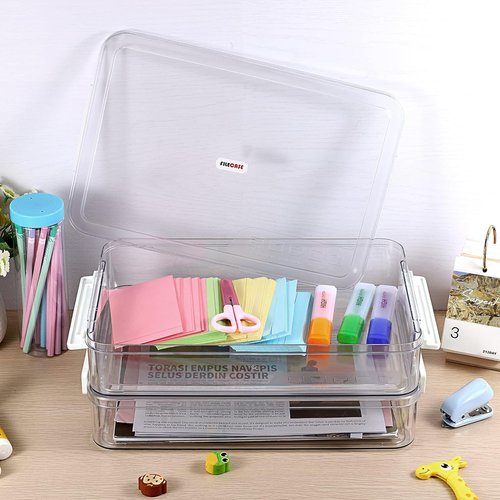 BTSKY Plastic Storage Containers - 2 Pack with Lids for A4 Files & Art Supplies | Stackable, Portable, White