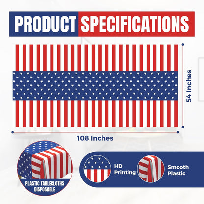 USA Flag Plastic Tablecloth by Premium | 5-Pack Disposable Rectangle Table Covers - 108 x 54 in. for July 4th Parties