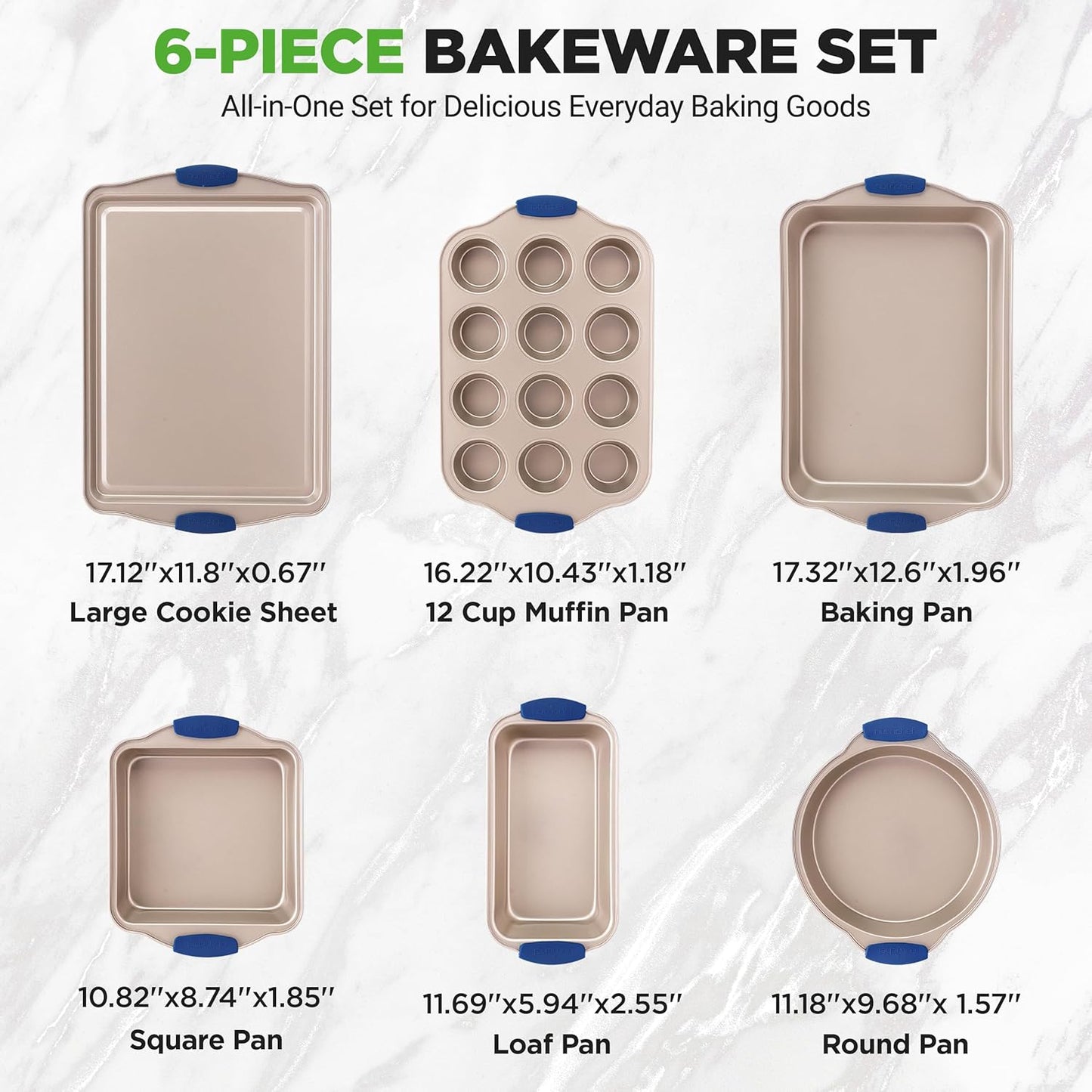 NutriChef 6-Piece Nonstick Bakeware Set - Premium Carbon Steel Trays with Heat-Safe Silicone Handles | Includes Loaf Pan, Muffin Pan, Round & Square Roasters, Cookie Sheet