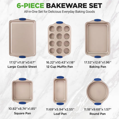 NutriChef 6-Piece Nonstick Bakeware Set - Premium Carbon Steel Trays with Heat-Safe Silicone Handles | Includes Loaf Pan, Muffin Pan, Round & Square Roasters, Cookie Sheet