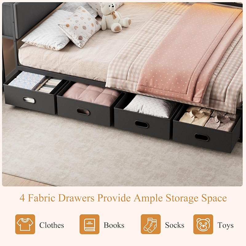 Full Corner Bed Frame with 4 Storage Drawers, Hidden Headboard, USB Charging & LED Lights – Matte Black