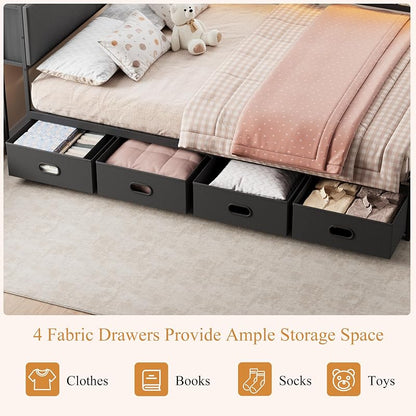Full Corner Bed Frame with 4 Storage Drawers, Hidden Headboard, USB Charging & LED Lights – Matte Black