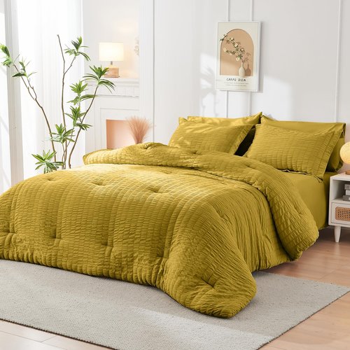 HYMOKEGE Mustard Yellow Full Size Comforter Sets Seersucker 7 Pieces, All Season Luxury Bed in a Bag for Bedroom, Bedding Set with Comforter, Sheets, Pillowcases & Shams