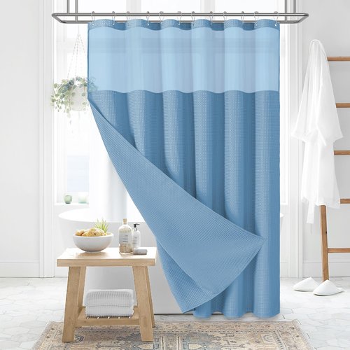 Dynamene 78 Inch Long Shower Curtain, Tall Waffle Fabric Shower Curtains for Bathroom, Hotel Waterproof Cloth Shower Curtain Liner Set with Hooks, Snap in Liner, Mesh Top Window, Moonlight Blue, 72x78