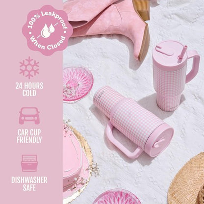 Ello Oasis 40 oz Tumbler - Reusable Insulated Stainless Steel Cup with Handle & Straw | 24-Hour Cold Retention, Pink Gingham