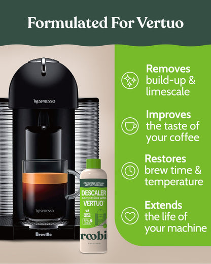 Nespresso Vertuo Compatible Descaling Solution. Eco-Friendly Formula to Clean & Descale Your Nespresso Vertuoline Machine. 2 Uses per Bottle, 2 Pack. Carbon Neutral Vertuo Descaling Kit.