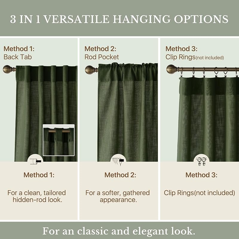 Olive Green Linen Curtains 84 Inch - 2 Panels, Privacy & Light Filtering