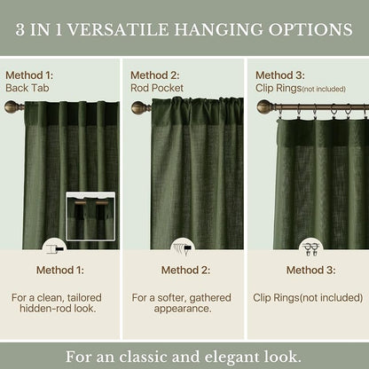 Olive Green Linen Curtains 84 Inch - 2 Panels, Privacy & Light Filtering