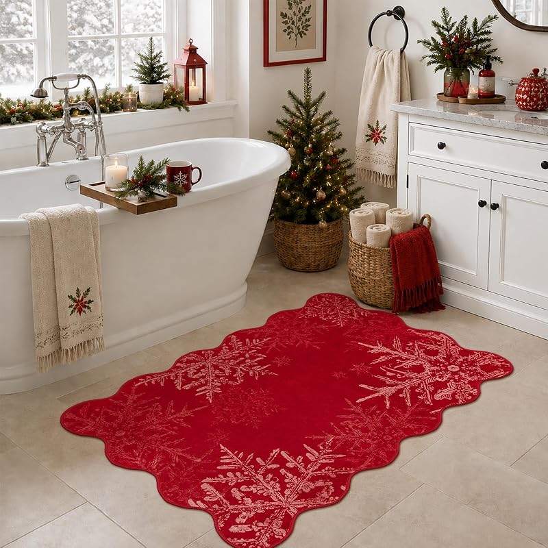 Red Snowflake Doormat 2' x 3' - Christmas Entryway Rug, washable