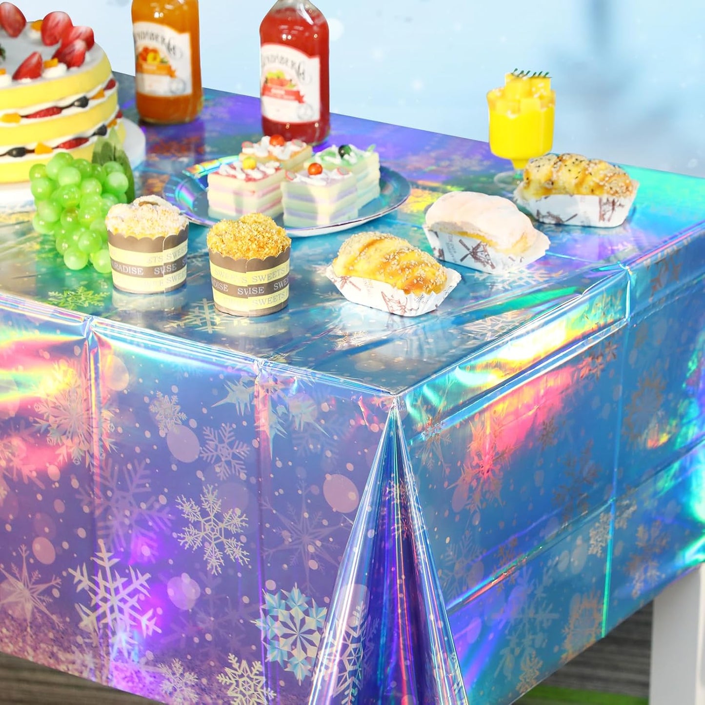 Skiennix Iridescent Winter Snowflake Tablecloths - Holographic Blue & Purple | 54x108 Inch, 3 Pack