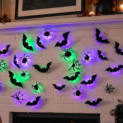 LED Halloween Wall Decor Set – 42pcs 3D Bats & Spiders with Green & Purple Lights
