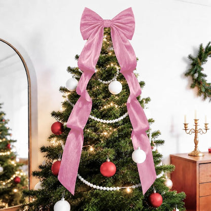 Pink Velvet Christmas Tree Topper Bow - 16x52in, Built-In Shaping, Large Decor Bow