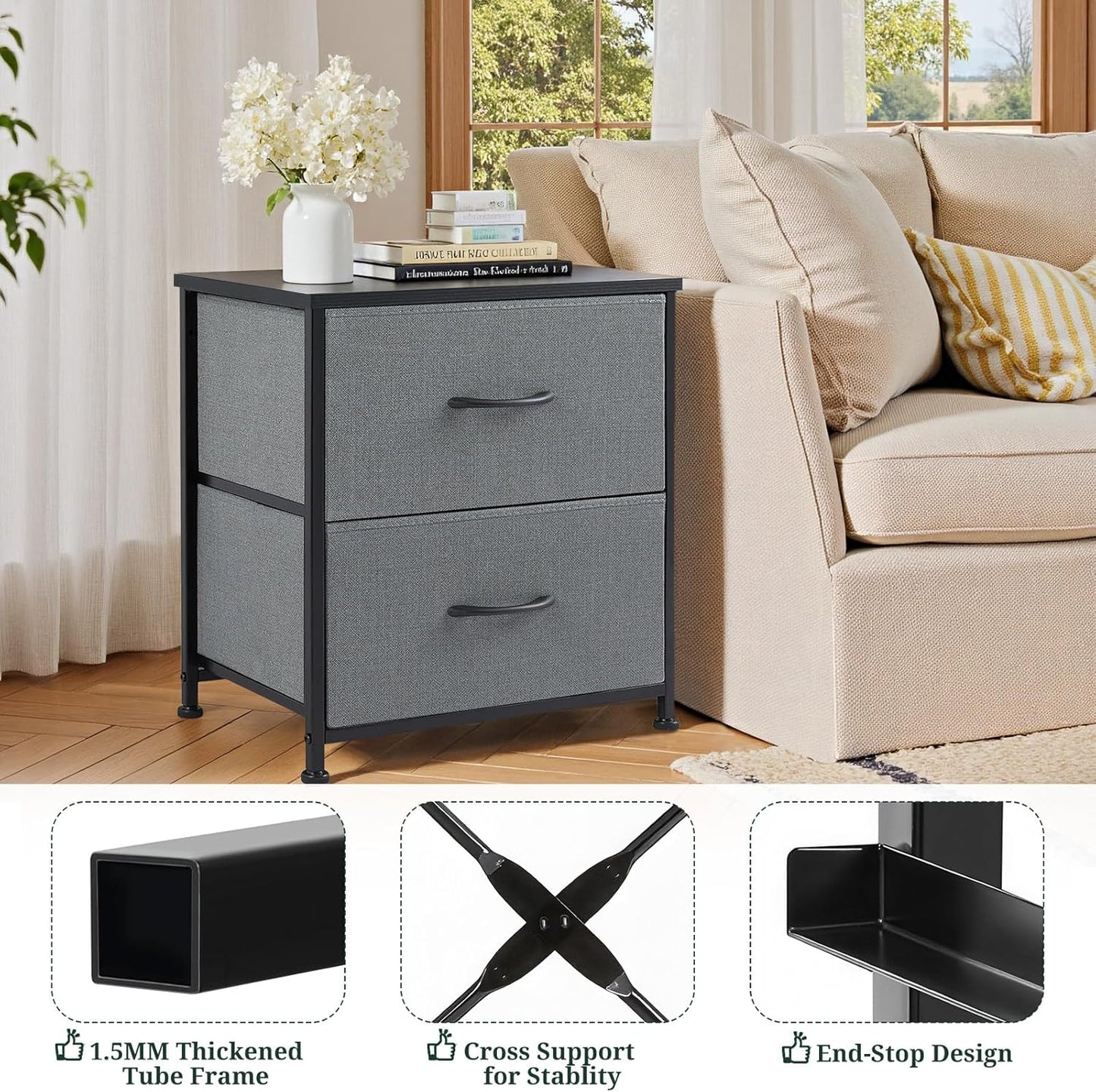 Regine Switzerland Nightstand - Small 2-Drawer Dresser with Wooden Top & Fabric Bins | Gray, 11.8” D x 18” W x 20” H