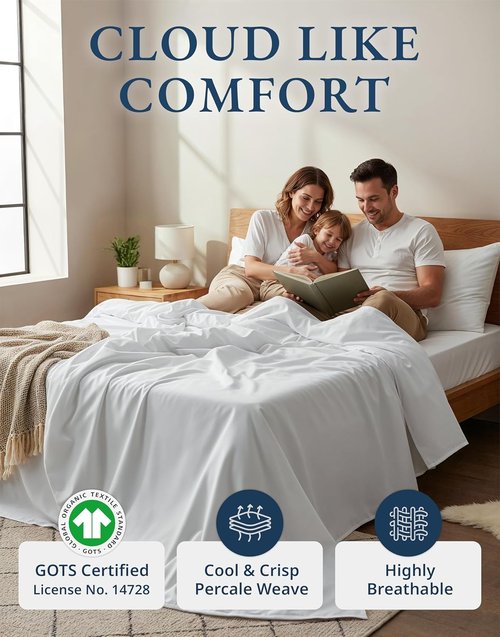 LANE LINEN 100% Organic Cotton King Size Sheets - Soft, Breathable & Eco-Friendly White Percale Set