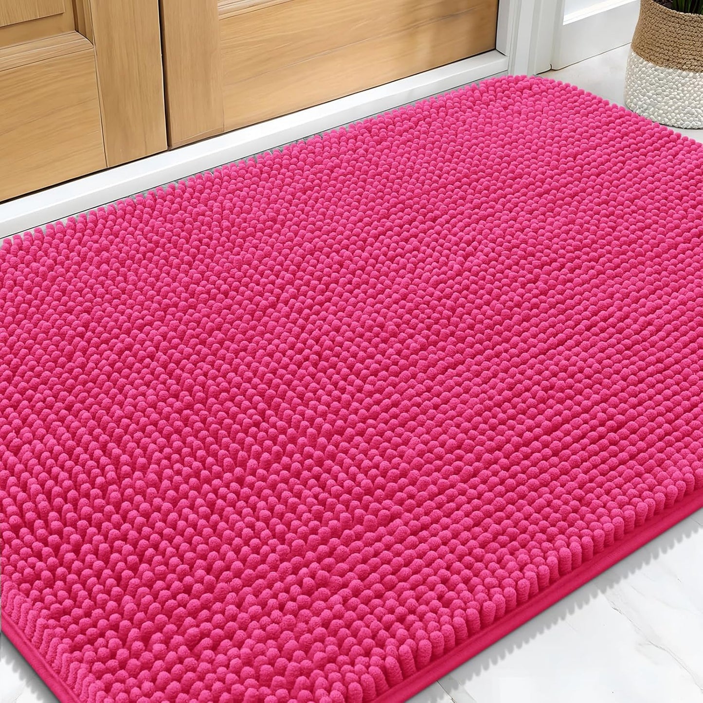 OLANLY Dog Door Mat - Absorbent Non-Slip Chenille Mat for Muddy Paws | 30x20, Quick Dry, Hot Pink