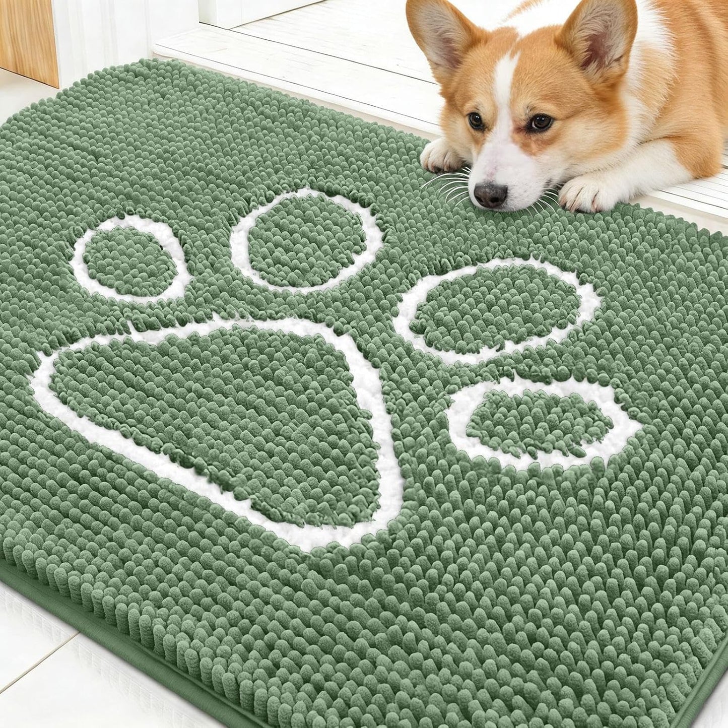 OLANLY Dog Door Mat - Absorbent Muddy Paws Doormat | Non-Slip Chenille, 30x20, Olive Green & White