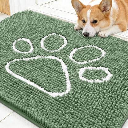 OLANLY Dog Door Mat - Absorbent Muddy Paws Doormat | Non-Slip Chenille, 30x20, Olive Green & White