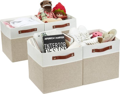 DECOMOMO Fabric Cube Storage Bins - Stylish Beige & White Storage Baskets for Kallax | 11-Inch Cube - 4 Pack