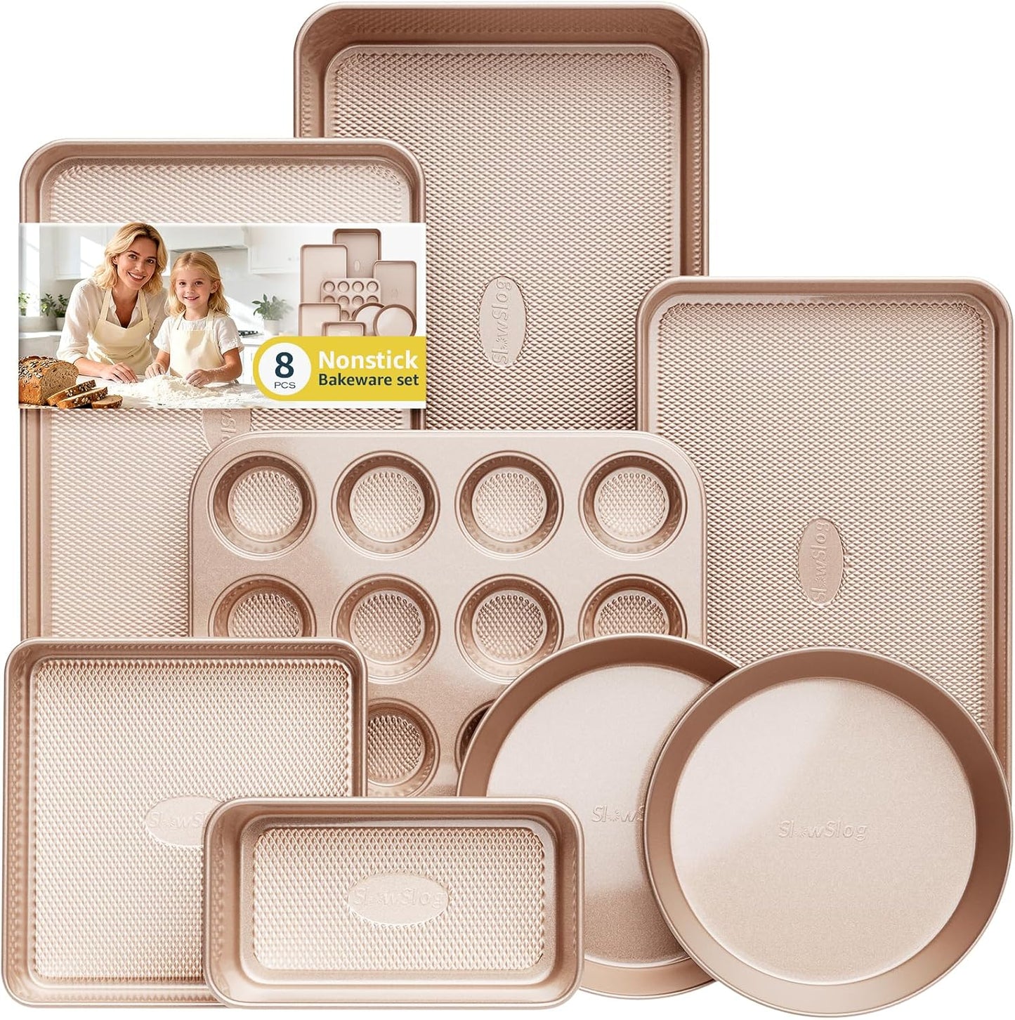 Skiennix Baking Pans Set - 8-Piece Nonstick Bakeware Set with Ceramic Coating | Gold Finish