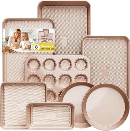Skiennix Baking Pans Set - 8-Piece Nonstick Bakeware Set with Ceramic Coating | Gold Finish