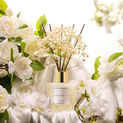 COCORRÍNA Reed Diffuser - Gardenia Scented 6.7 Fl. Oz Set with Sticks & Preserved Baby's Breath | Home Decor