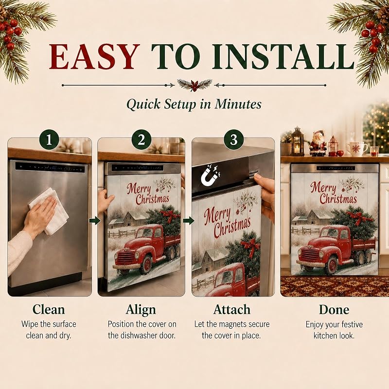Christmas Red Truck Dishwasher Magnet Cover - Full Door Magnetic Panel