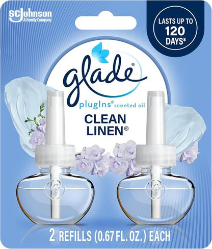 Glade PlugIns Refills Air Freshener - Clean Linen Scented Essential Oils | 1.34 Fl Oz, 2 Count