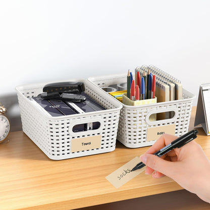 White Plastic Storage Baskets by [Brand Name] - Durable Stackable Bins with Labels | Pack of 8 for Organizing Desktops, Closets, and More