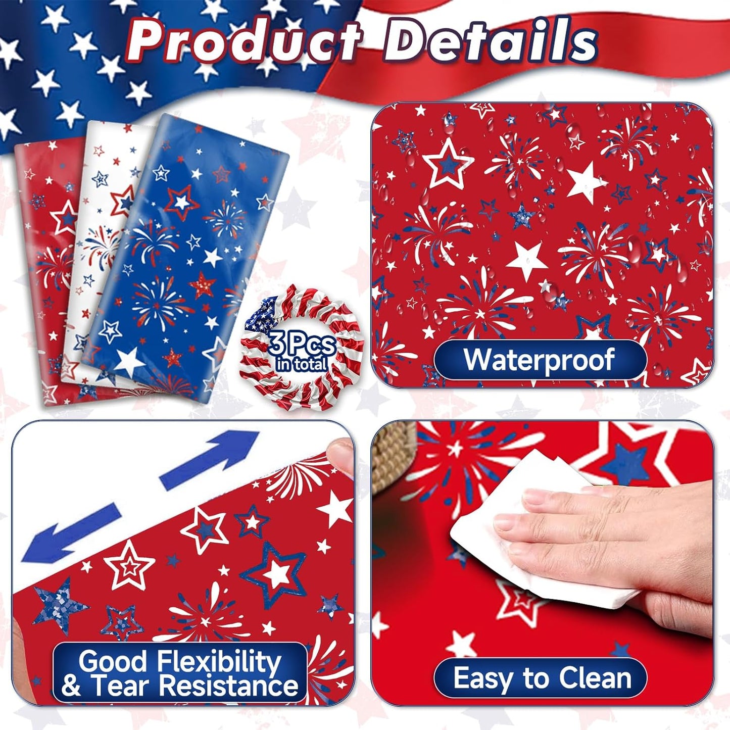Patriotic Tablecloth Set by [Brand Name] - 3 Pcs Red, White & Blue Disposable Table Covers | 54 x 108 Inch for 4th of July & Memorial Day Celebrations