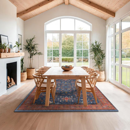 Skiennix Navy Blue Area Rug - Washable Low Pile Non-Slip Design | Vintage Boho 9x12 for Living Room & Dining Room