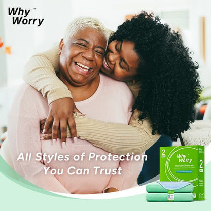 WhyWorry Washable Bed Pads for Adult Incontinence, 34" x 36" (Pack of 2) Washable Pee Pads for Bed Wetting, Heavy Absorbency Reusable Underpads for Elderly & Kids, Waterproof Mattress Protector, Green