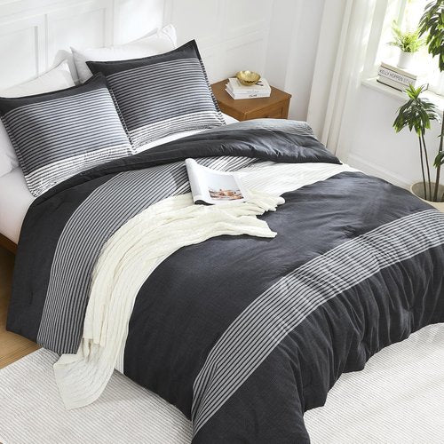 Litanika Queen Comforter Set - Lightweight Black, White & Grey 3-Piece Down Alternative Bedding