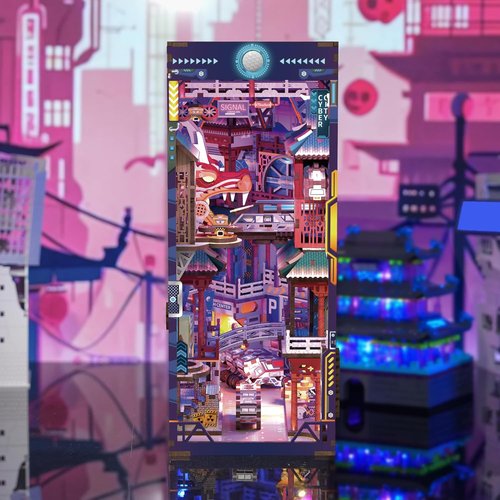 Hands Craft DIY Book Nook Kit - Cyber City Miniature Puzzle with LED Lights & Precision-Cut Pieces