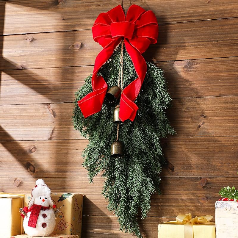 Dingion 23.6in Teardrop Christmas Swag with Bells & Red Bow - Faux Spruce Variation of THIS listing Faux Spruce