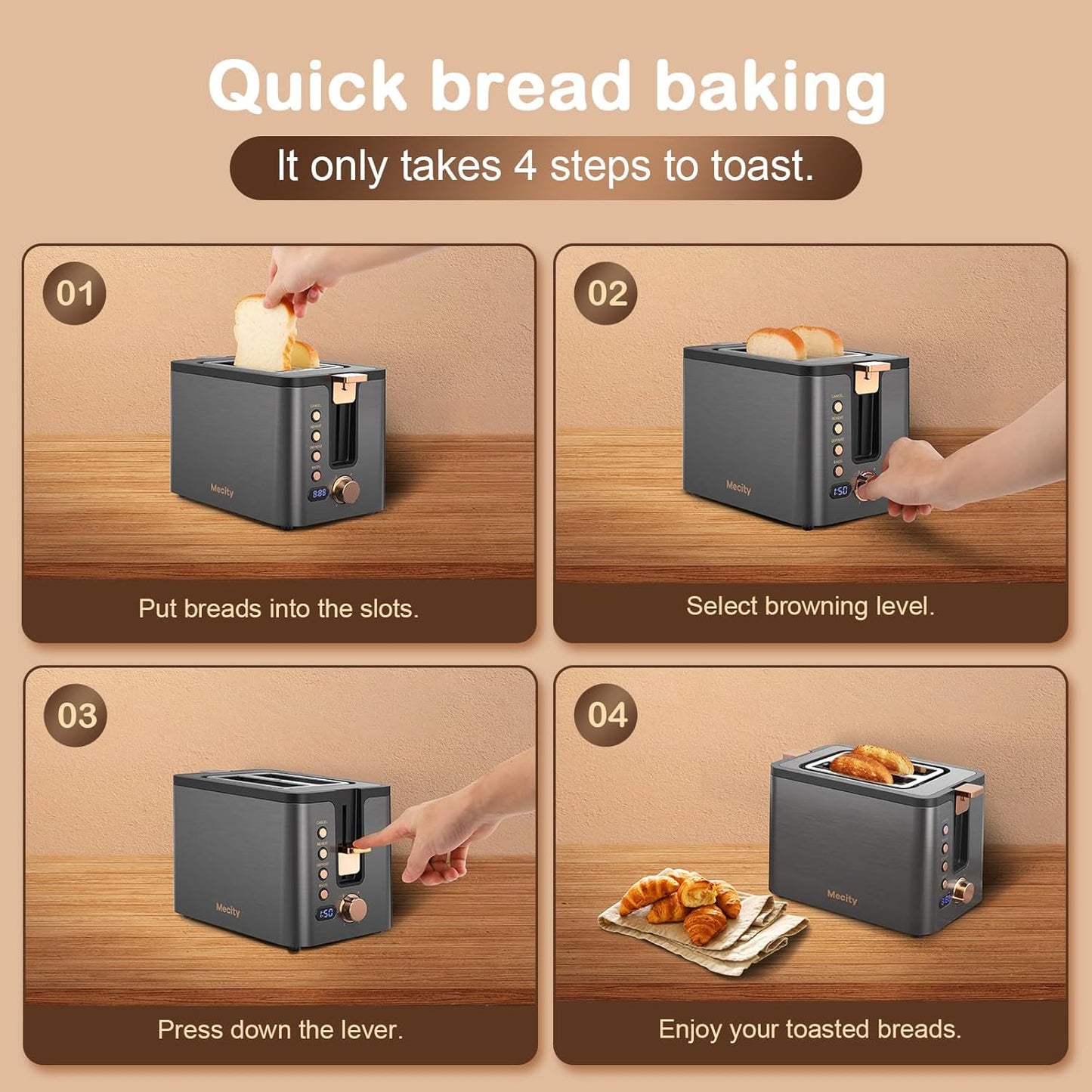Mecity 2-Slice Stainless Steel Toaster - Extra Wide Slots, 6 Browning Settings, Timer & Warming Rack | Grey