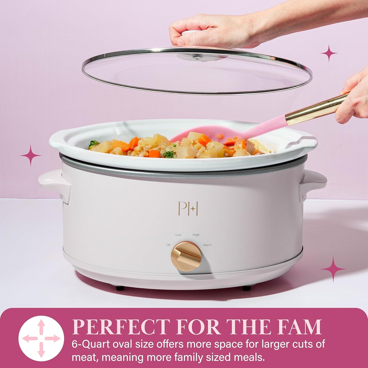 Paris Hilton 6-Quart Manual Slow Cooker - Three Settings, Nonstick Stoneware Insert, Family Size, White