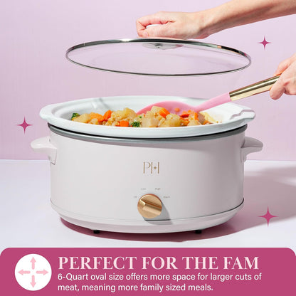 Paris Hilton 6-Quart Manual Slow Cooker - Three Settings, Nonstick Stoneware Insert, Family Size, White