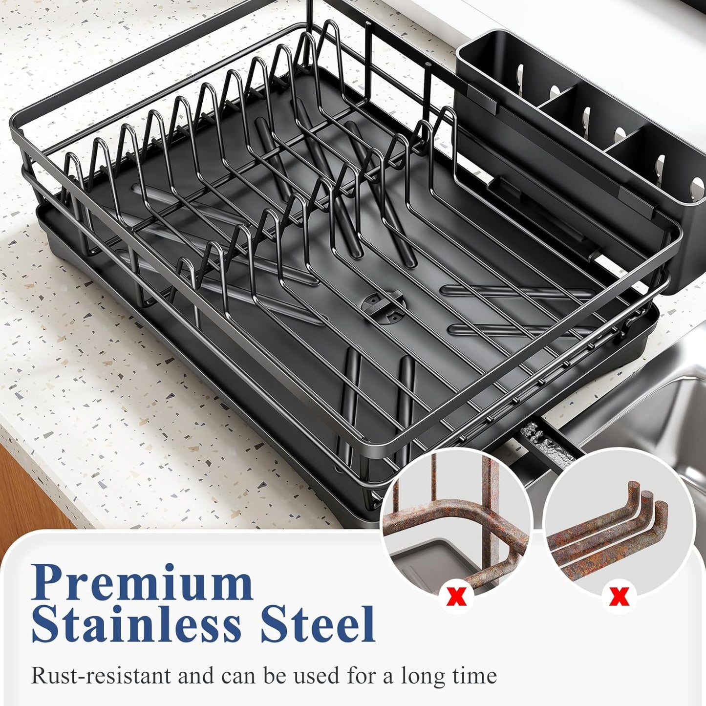 SNTD Dish Drying Rack - Large Rustproof Kitchen Dish Drainer with Drainboard & Utensil Holder | Black