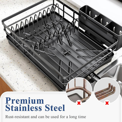 SNTD Dish Drying Rack - Large Rustproof Kitchen Dish Drainer with Drainboard & Utensil Holder | Black