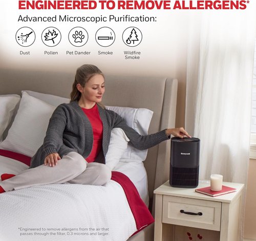 Honeywell HEPA Air Purifier - Compact Design for Small Rooms, 530 Ft² Coverage, 3-in-1 Filter, Black | Reduces Pet Dander, Smoke & Odors