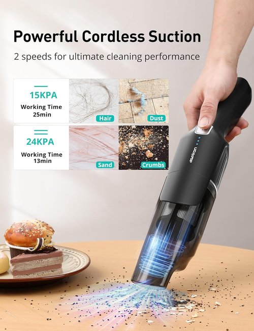 Aspiron Cordless Handheld Vacuum - 24KPA Powerful Car Vacuum with 2-Speed & Wireless Charger | Ergonomic Design, Portable, Black Grey