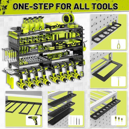 5 Layers Power Tool Organizer - Heavy-Duty Metal Wall Mount Storage Rack with 8 Drill Holders | Black