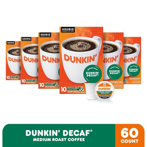Dunkin' Decaf Medium Roast Coffee - 60 Keurig K-Cup Pods for Smooth, Flavorful Brew