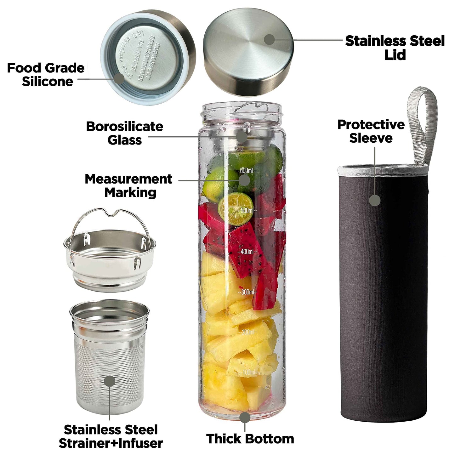 ameiin 23oz Borosilicate Glass Water Bottles with Stainless Steel Lid - Cold Brew Bottle - Tea Infuser Bottle with Strainer - Glass Tea Tumbler